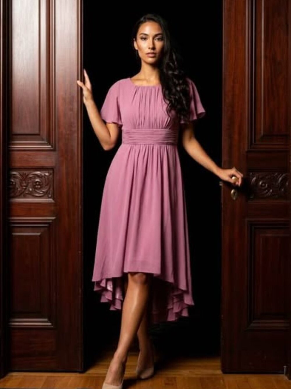 Women's Mauve High Low Chiffon Midi Dress Flutter Sleeve Empire Waist NWT